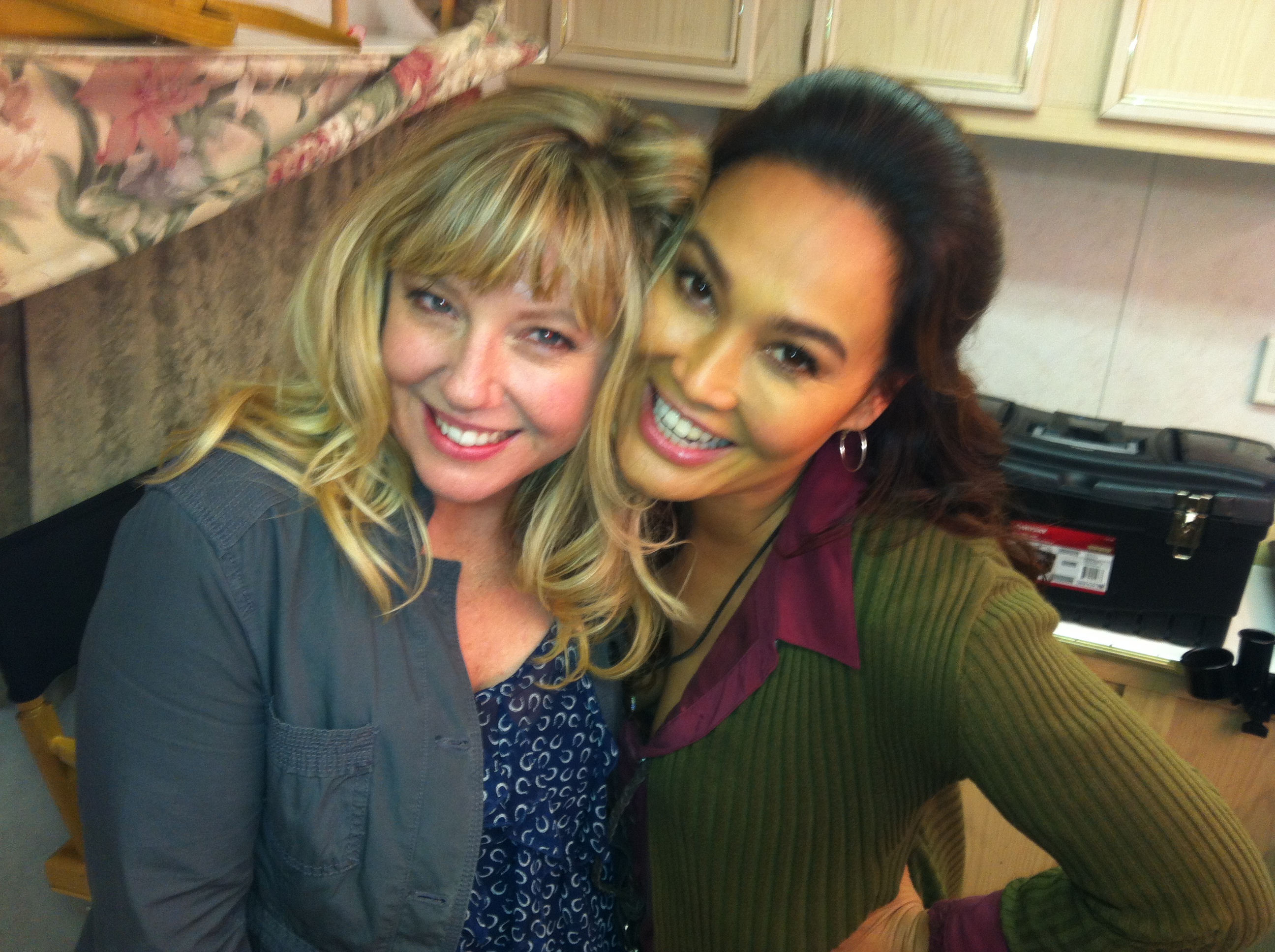 Tia Carrere and Meghan McLeod in make up trailer on last day of filming Collision Course.