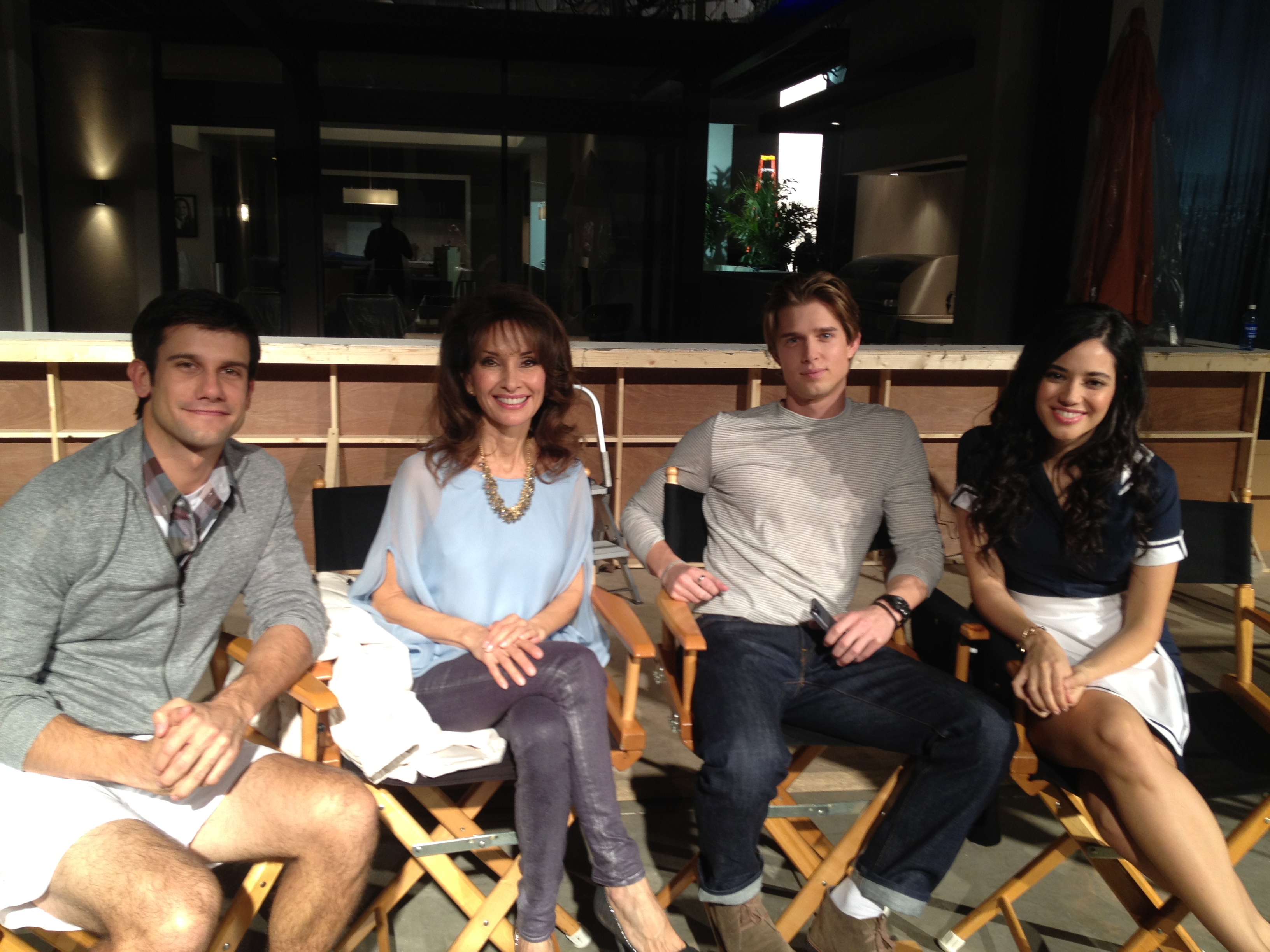 Jeff Campanella, Susan Lucci, Drew Van Acker, and Edy Ganem on the set of Devious Maids