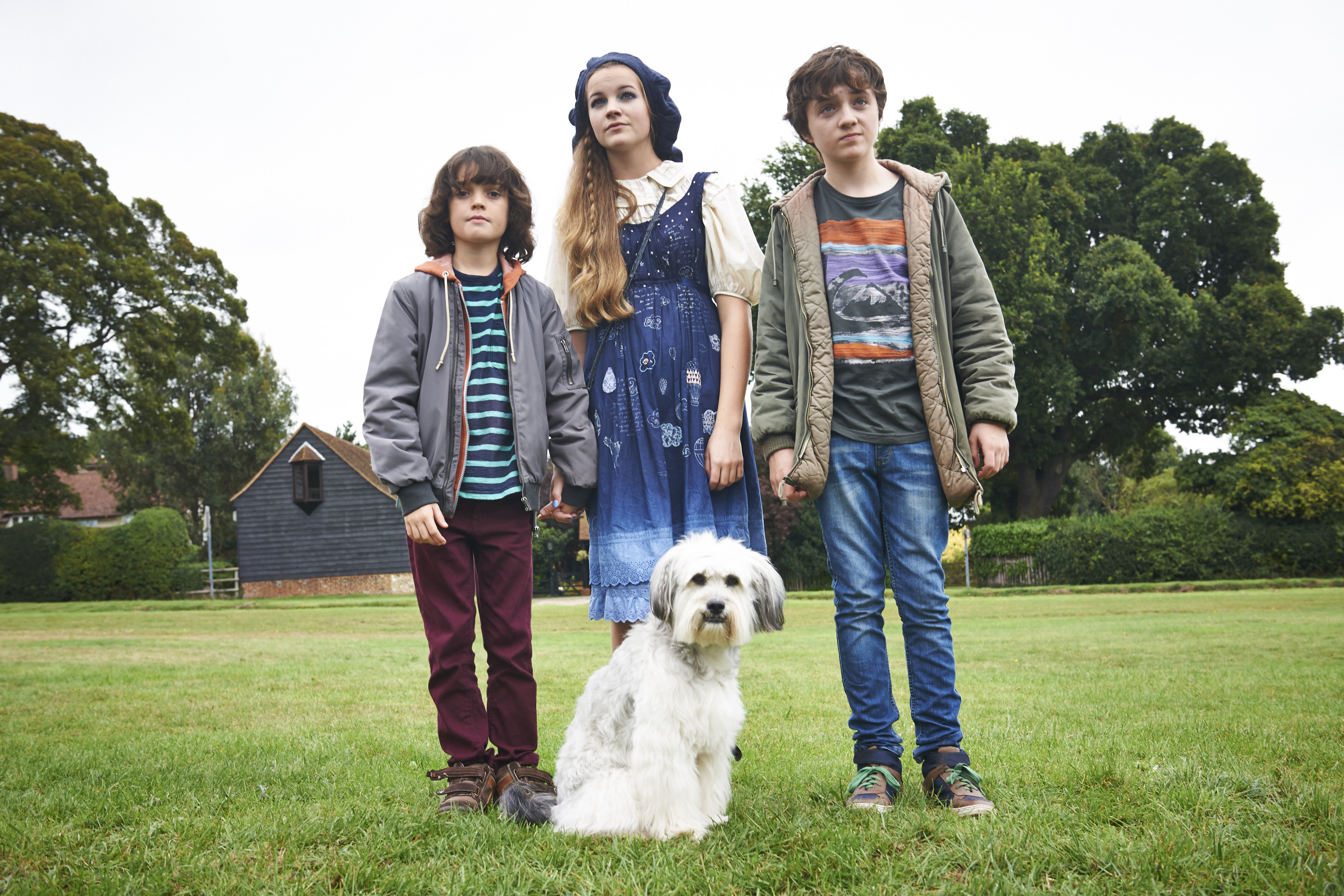 Still of Izzy Meikle-Small, Spike White, Malachy Knights and Pudsey in Pudsey the Dog: The Movie (2014)