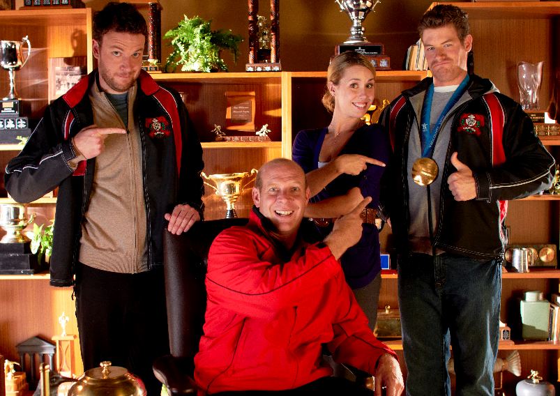 William Vaughan as Matt on CBC's Men With Brooms with Brendan Gall as Gary, Siobhan Murphy as April and Kevin Martin as Himself.