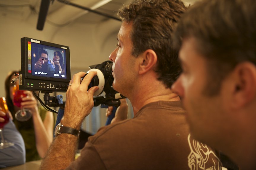 Director Paul Baker and DP Matt Mania line up a shot on the set of web series 