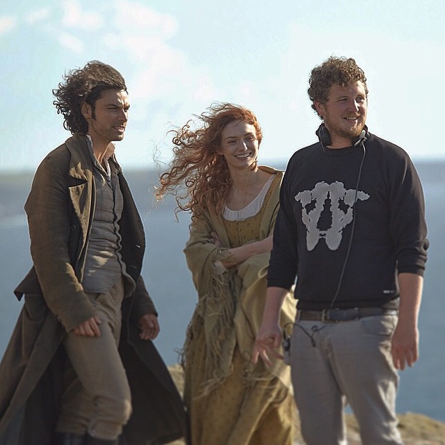 On the set of Poldark with Aidan Turner and Eleanor Tomlinson 2014