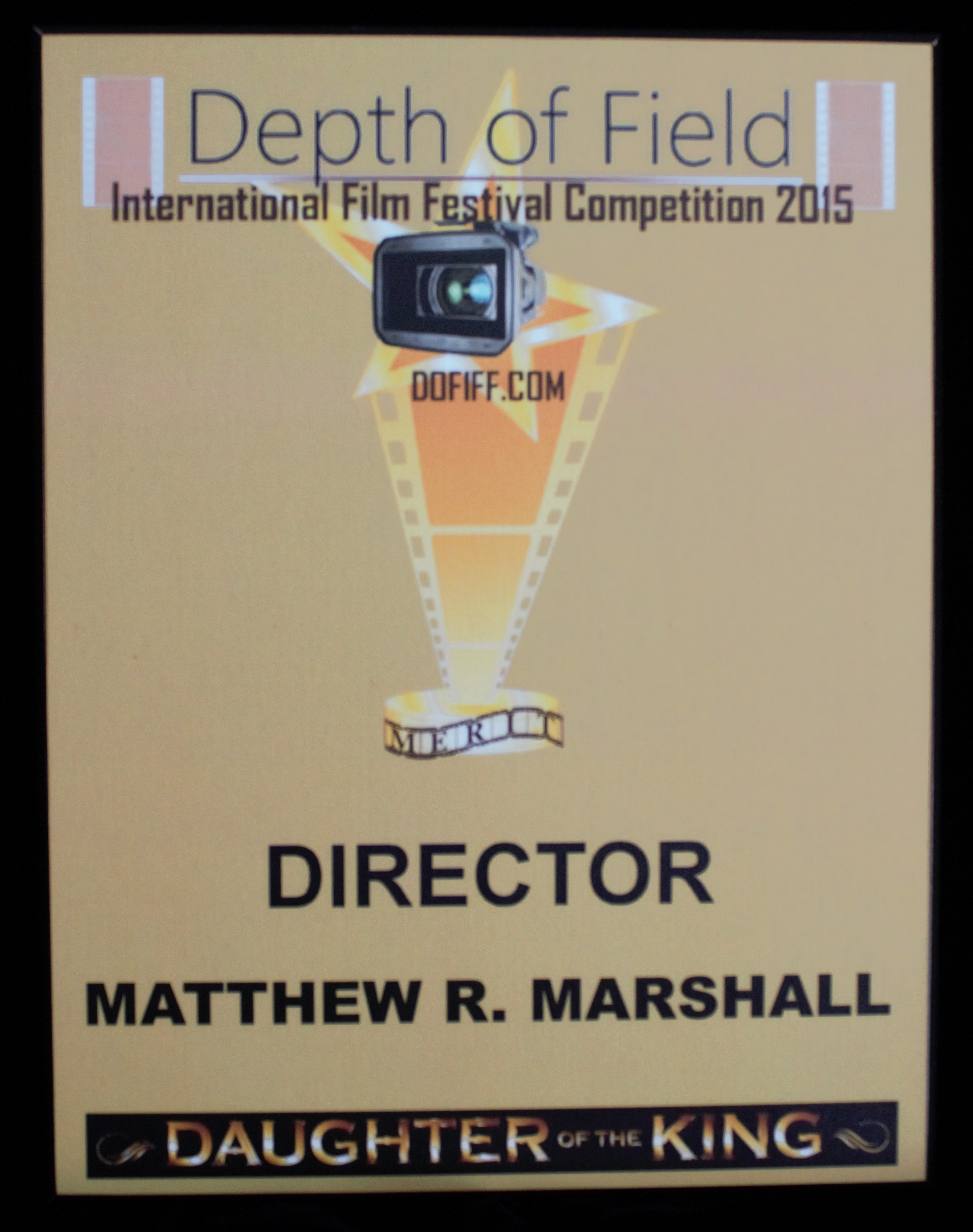 Matthew Marshall won an Award of Merit: Director from Depth of Field International Film Festival Competition 2015. It was one of four awards his film Daughter of the King won from this festival.
