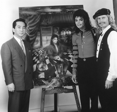 Hiromichi Saeki, Michael Jackson and Brett-Livingstone Strong unveiling a portrait of Michael Jackson, entitled 