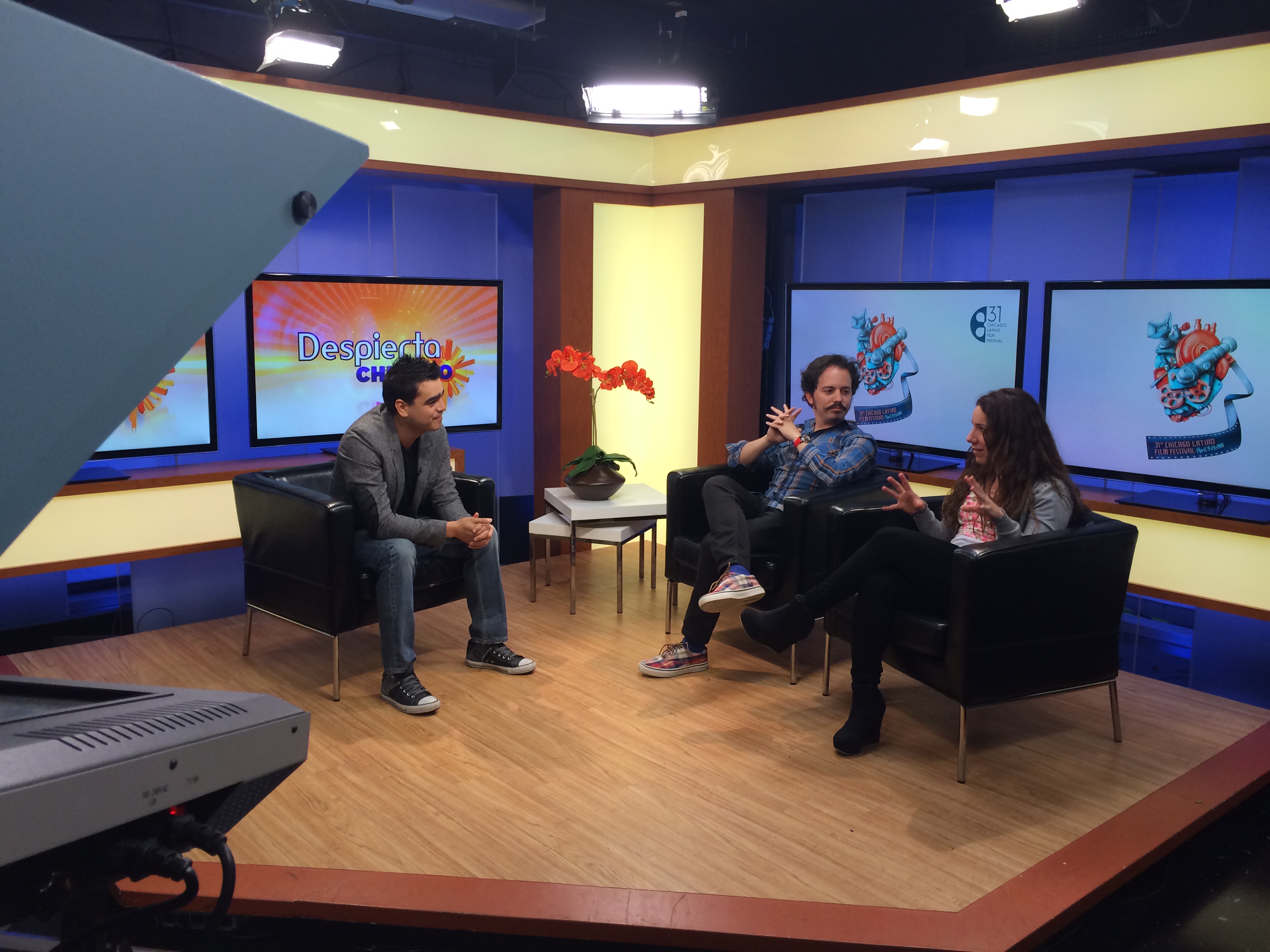 Isaac Ezban and producer Miriam Mercado on TV interview before the Chicago premiere of THE INCIDENT at the Chicago Latino Film Festival, April 2015