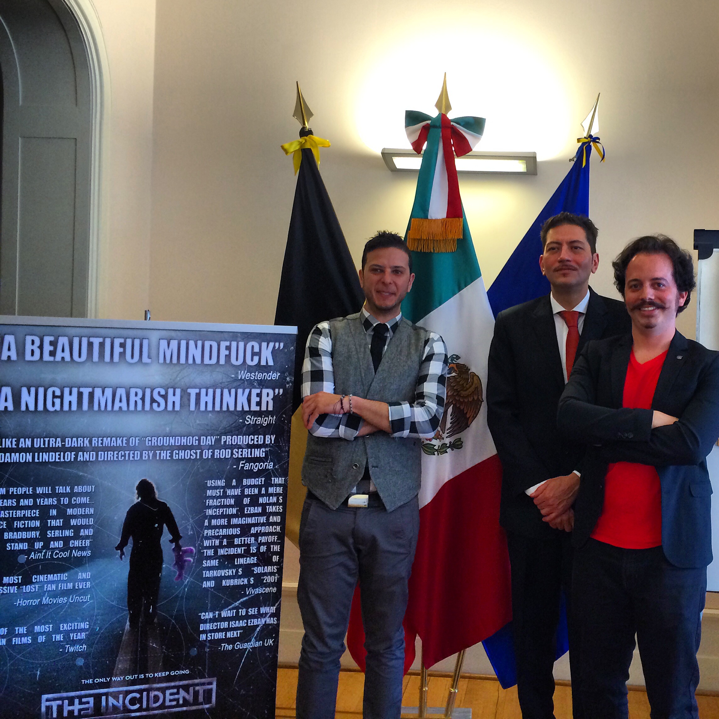 Isaac Ezban with producer Pablo Guisa Koestinger and director Diego Cohen at the Mexica embassy in Belgium, before the Belgian premiere of THE INCIDENT at BIFFF (Brussels International Fantastic Film Festival), April 2015