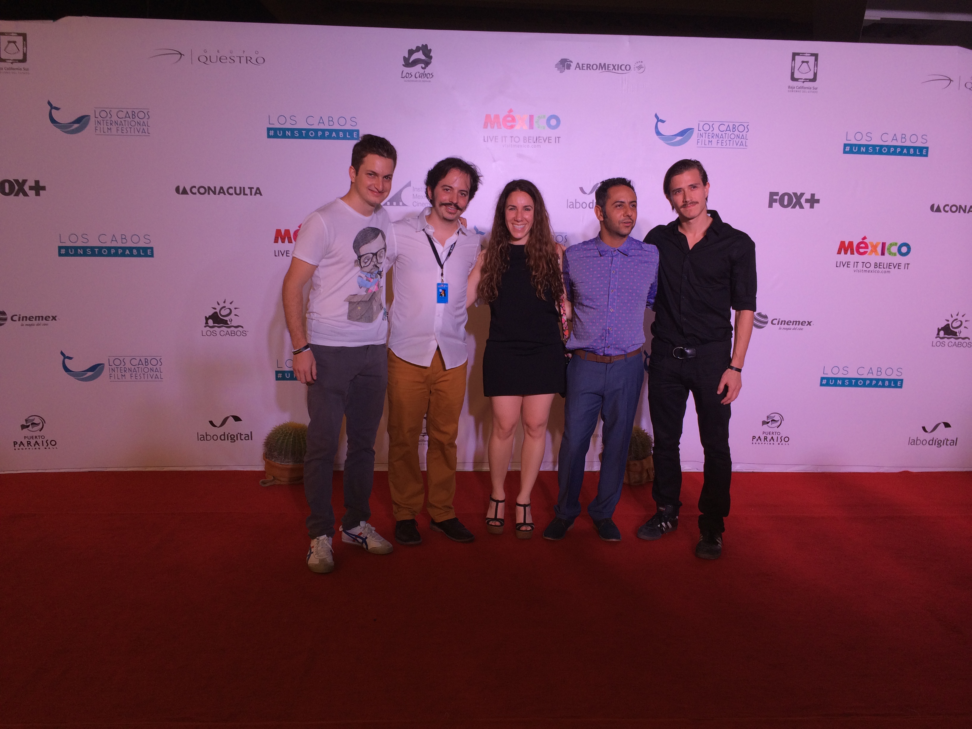 Isaac Ezban with producers Salomón Askenazi and Miriam Mercado and actors Humberto Busto and Fernando Alvarez Rebeil at the Mexican premiere of THE INCIDENT at Los Cabos International Film Festival, November 2014