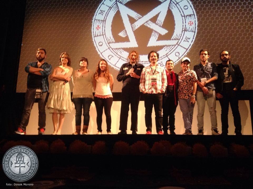 Isaac Ezban with actress Nailea Norvind, producer Miriam Mercado and part of the crew of THE INCIDENT presenting the film at Morbido Film Festival, November 2014