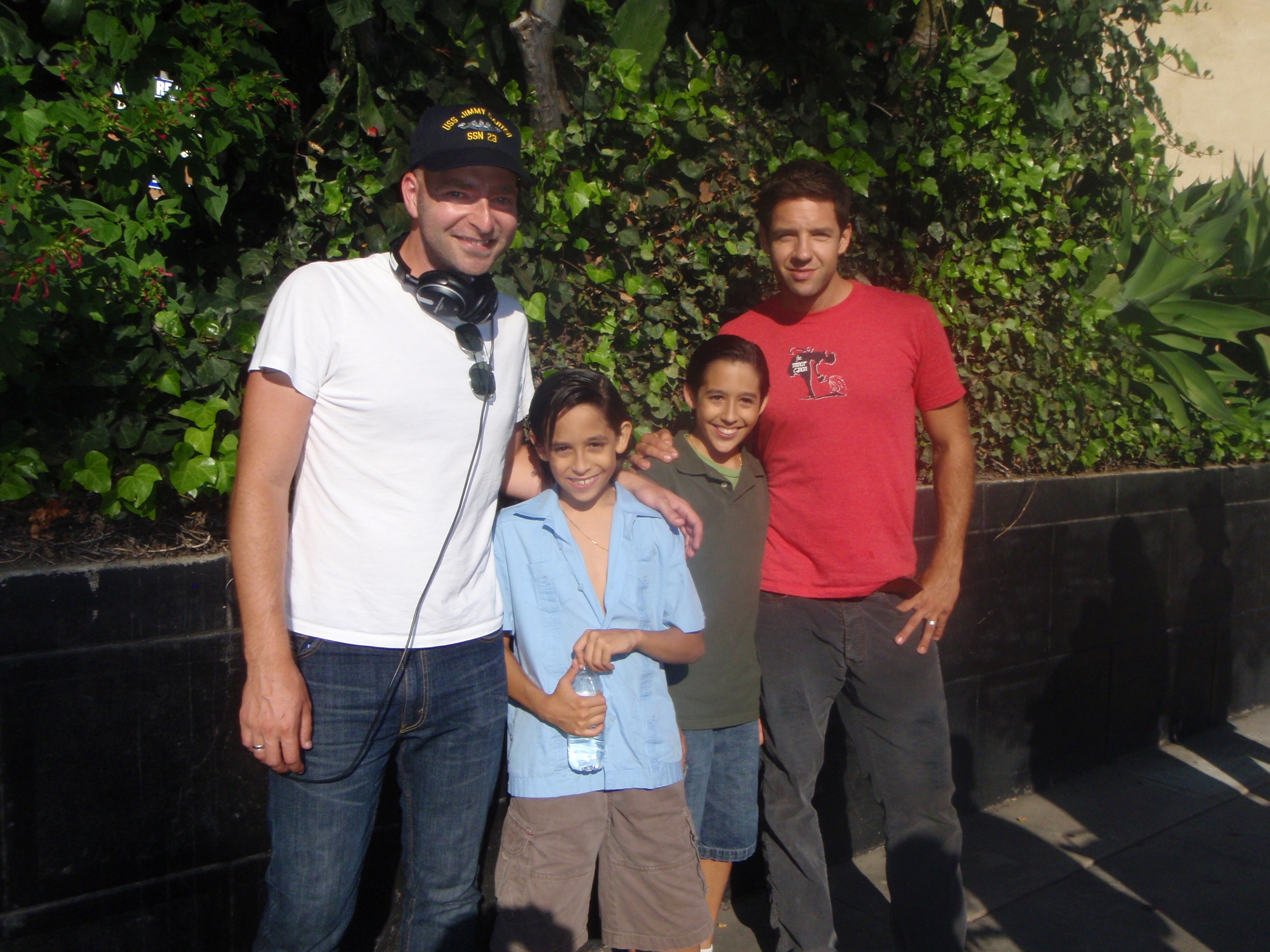on set of Nesting with Dir. John Chudenko, fellow actor Todd Grinnell, and actor and brother Michael Pena.
