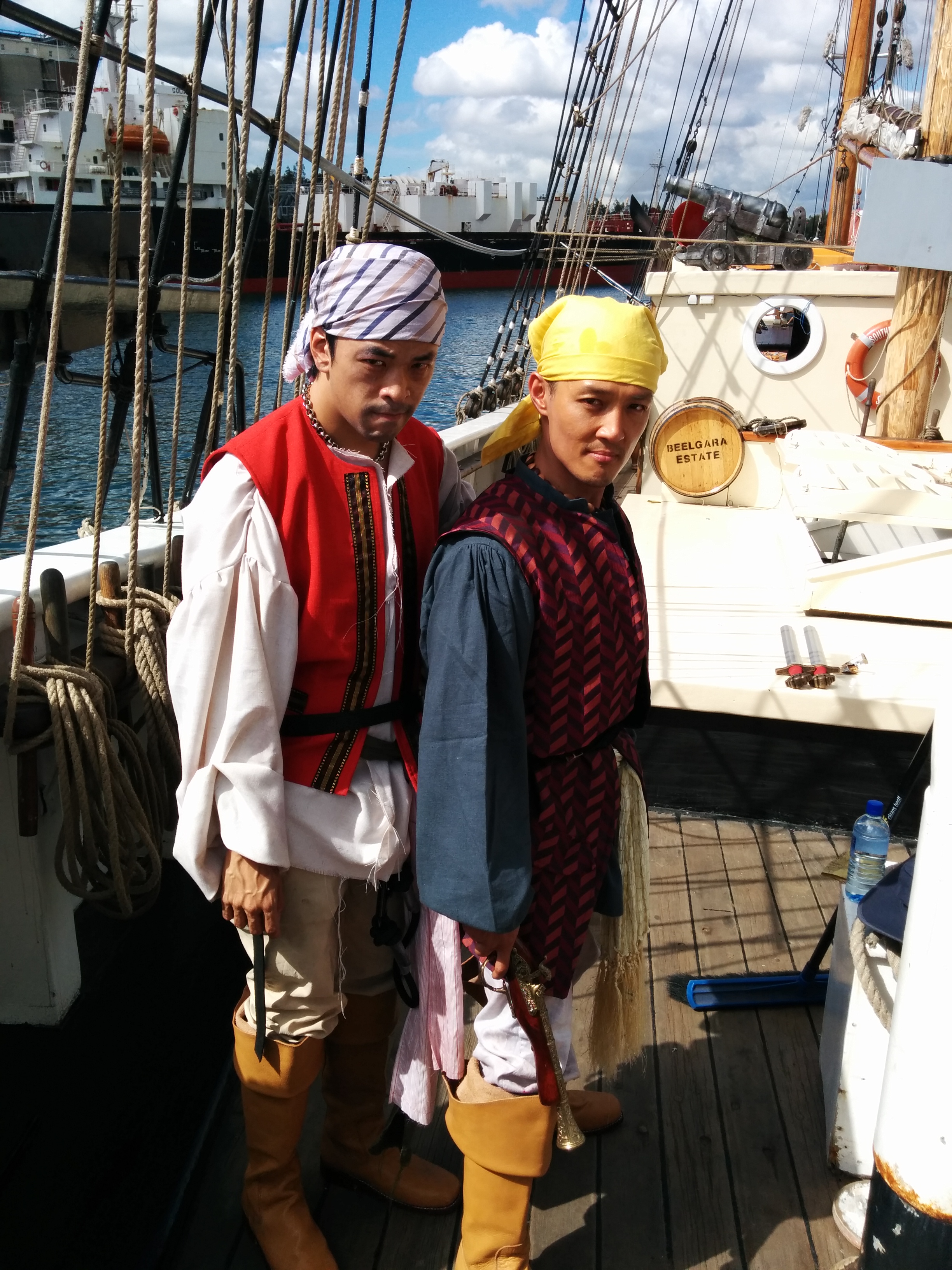 Jonathan Chan and Khanh Trieu in costume for 'Attack of the Pirates' theatre show on the Southern Swan Sydney Harbour tallship, 2014