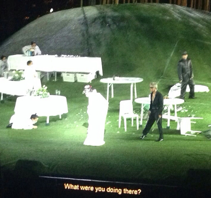 Khanh as blonde Yakuza henchman/Bonze entourage on stage during Act 1 of Handa Opera on Sydney Harbour's Madama Butterfly 2014