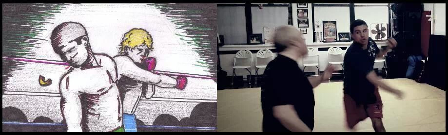 Storyboard art and rehearsal photo for Choke Artist. Drawn and choreographed by Stephen Koepfer (2014)