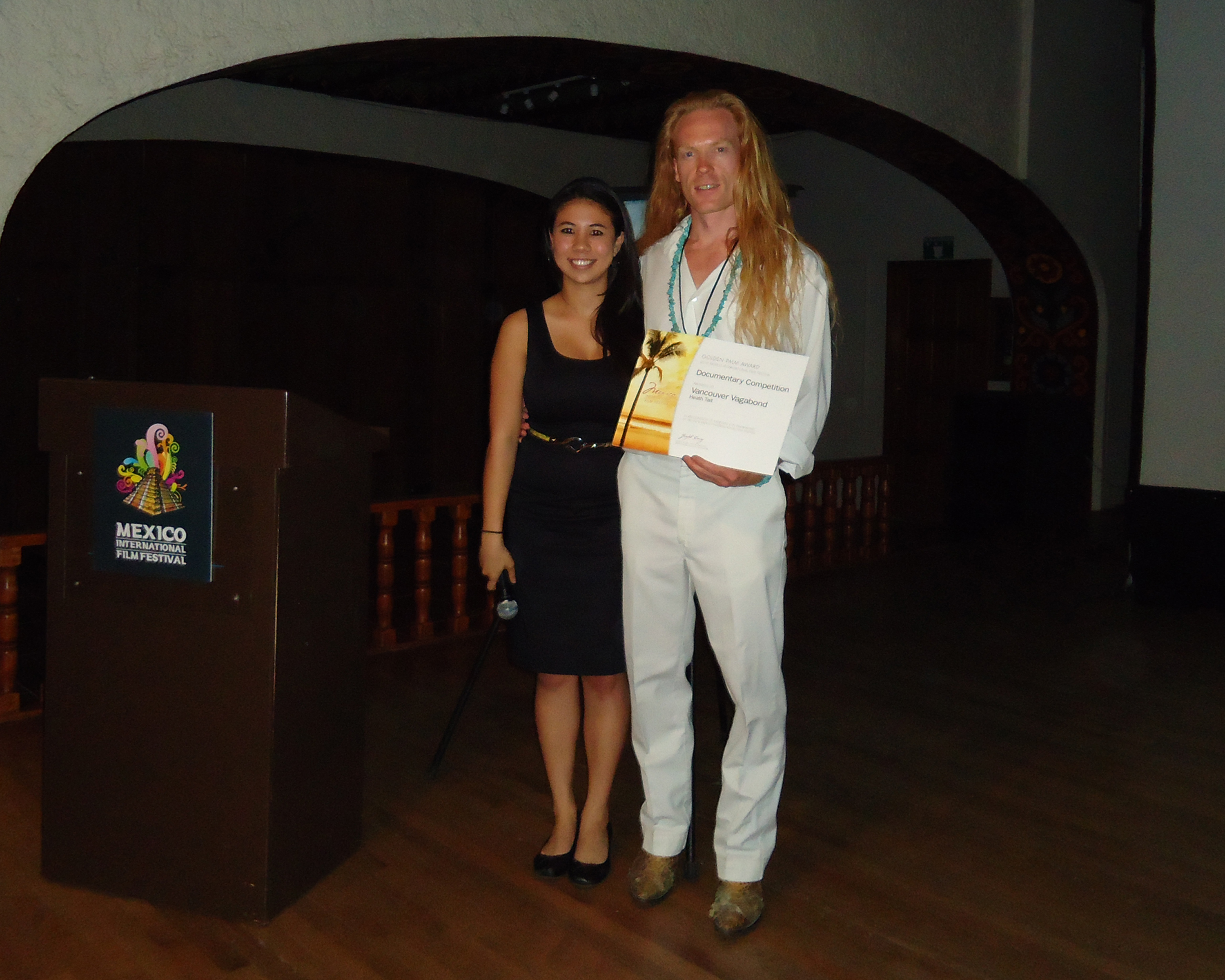 Vancouver Vagabond Heath Tait at the Rosarito Beach Hotel accepting his Golden Palm award, May 23 2010. Mexico International Film Festival.