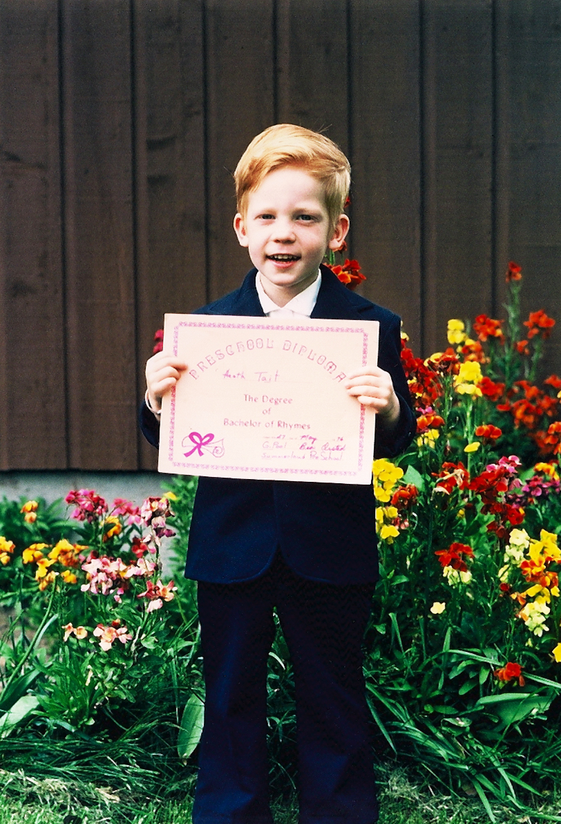 A wee Heath Tait with his 1st award, Bachelor of Rhymes. A few years later he would win a groovy 70's skateboard in a coloring contest wherein he 1st redrew the drawing.