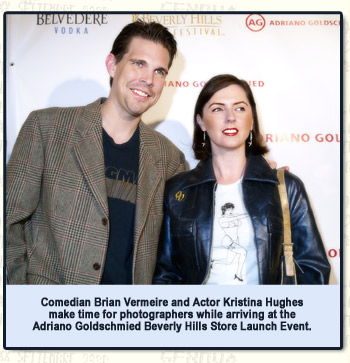 Comedian Brian Vermeire and Actor Kristina Hughes make time for photographers while arriving at the Adriano Goldschmied Beverly Hills Store Launch Event.
