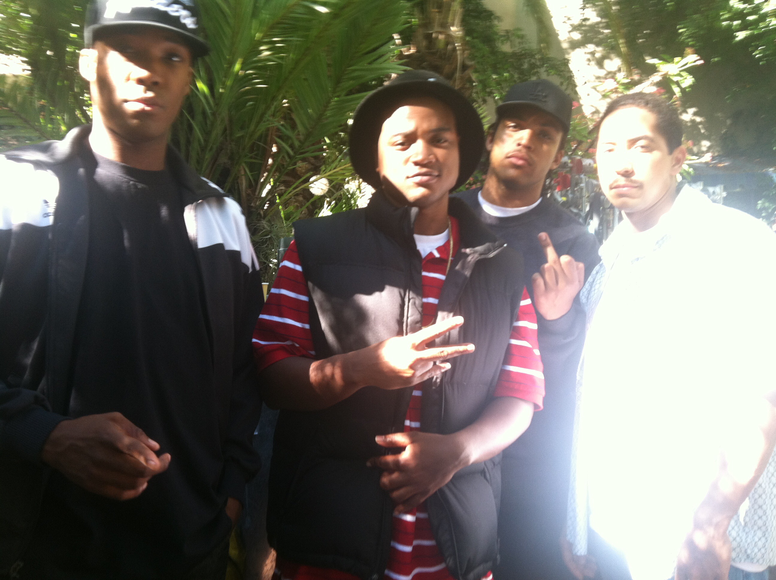 set of Straight Outta Compton (L) Corey Hawkins, VW, O'shea Jackson Jr., (R) Neil Brown Jr.