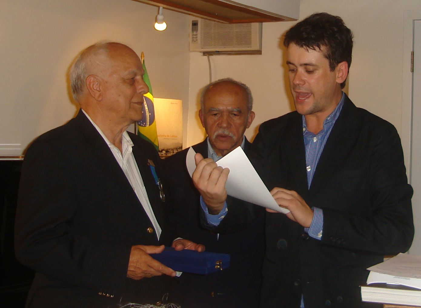 Nelson Pereira dos Santos, Domício Coutinho and Yves Goulart at the opening of Sala Nelson Pereira dos Santos (New York)