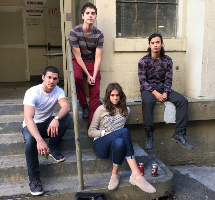 (From left) Alberto De Diego, David Lambert, Maia Mitchell, and Jordan Rodrigues on the set of The Fosters (2014)