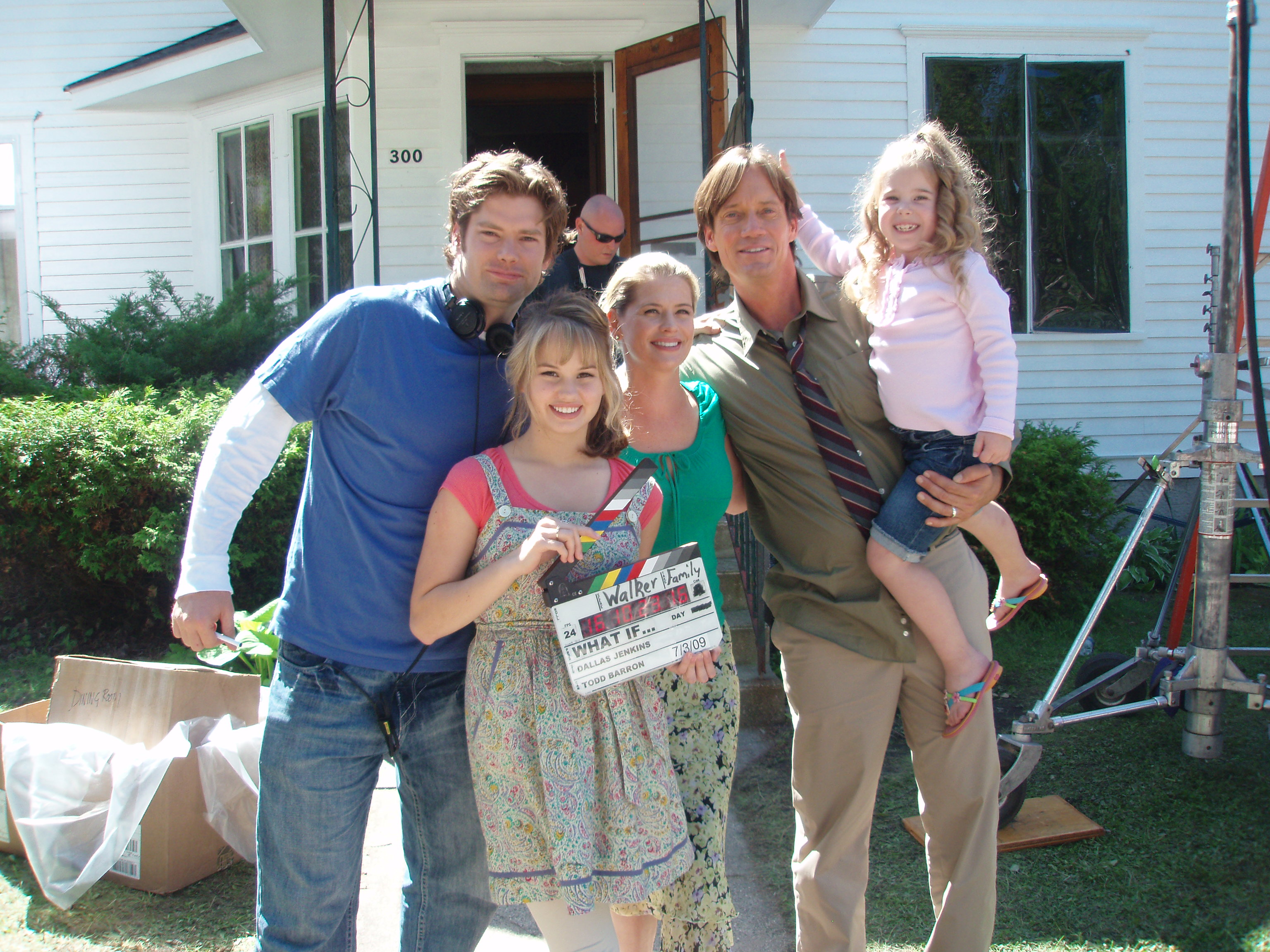 Taylor with Director, Dallas Jenkins, and costars, Debby Ryan, Kristy Swanson, and Kevin Sorbo on the set of 