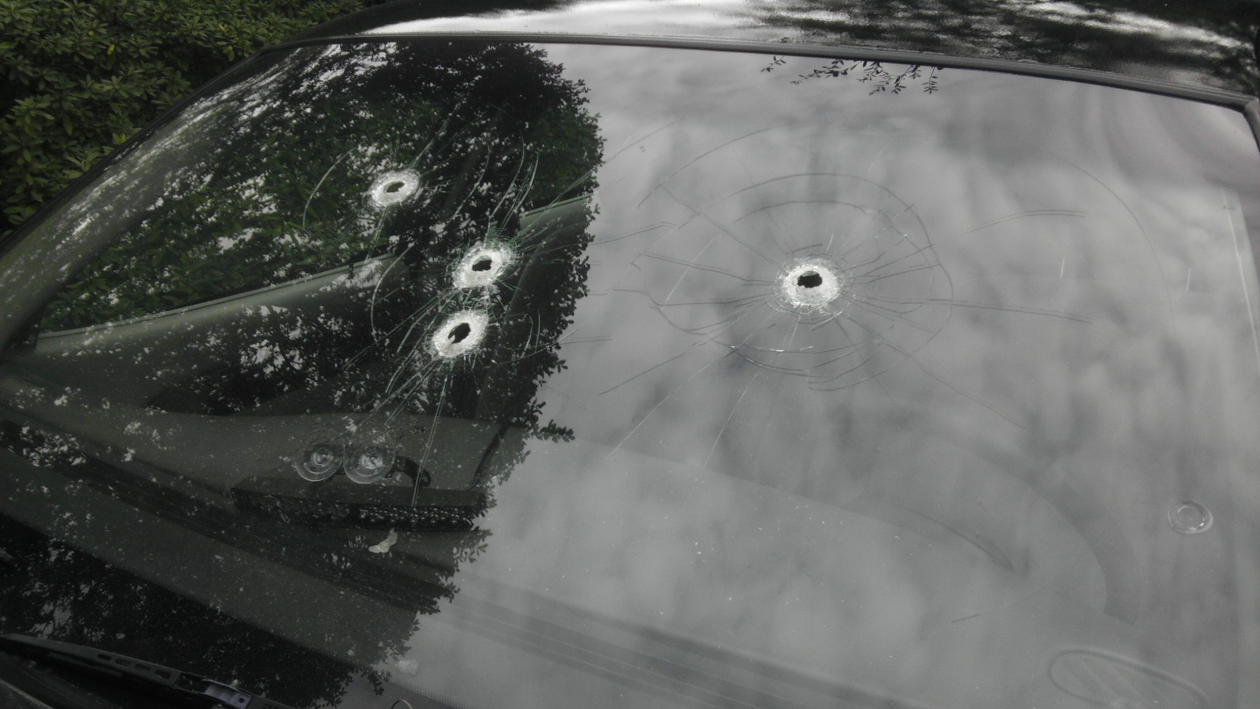 Blowing holes in a windshield with glue sticks using trunnion guns.