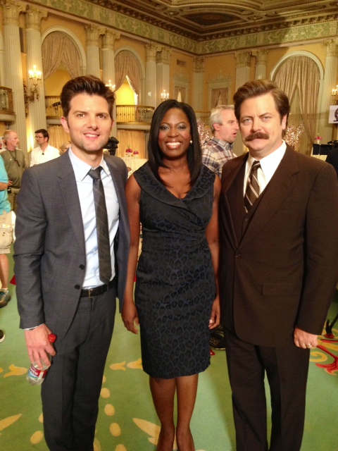 Adam Scott, Sope Aluko and Nick Offerman on set of 'Parks & Recreation'