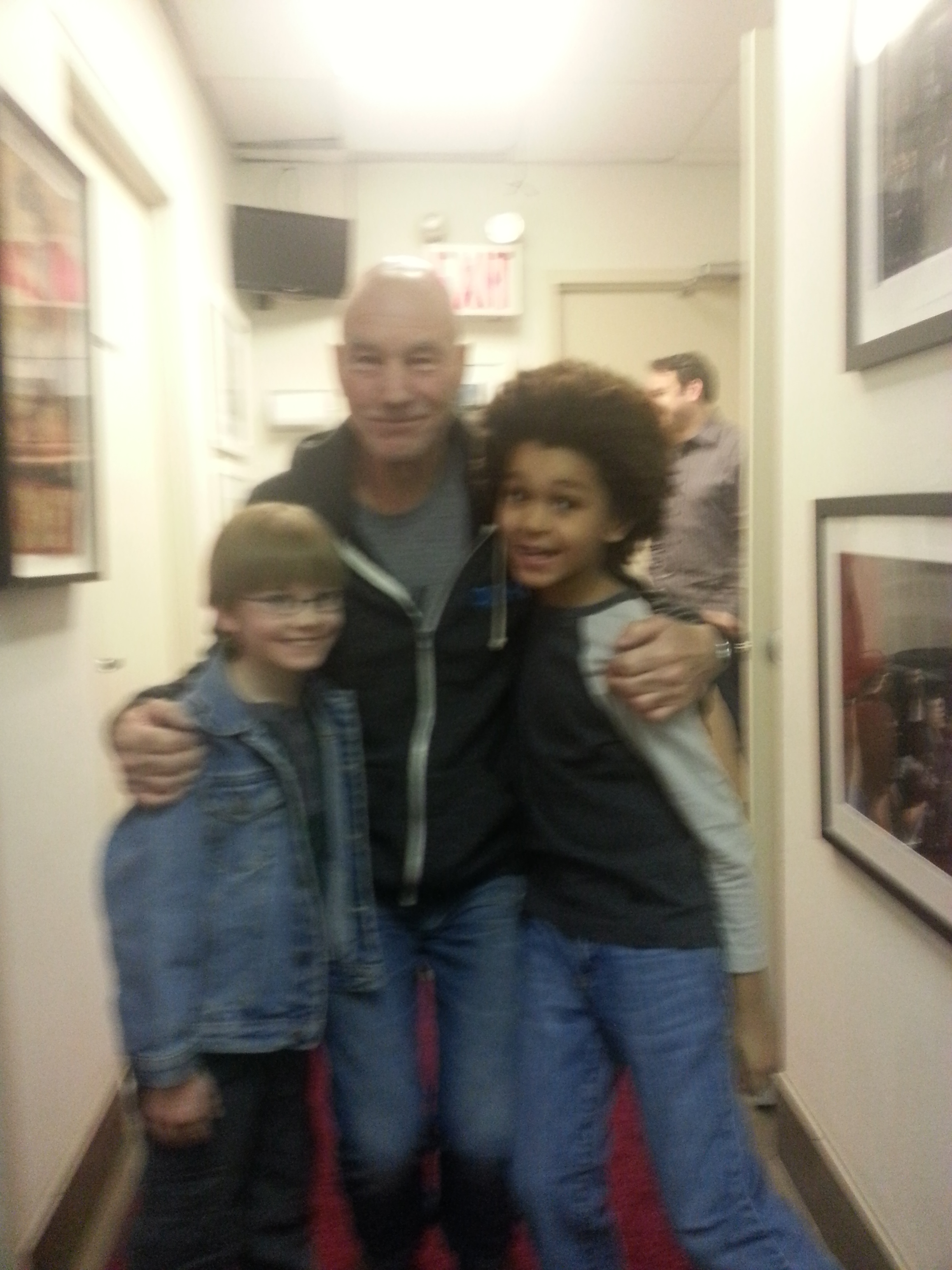 Patrick Stewart with the boys on THE COLBERT REPORT