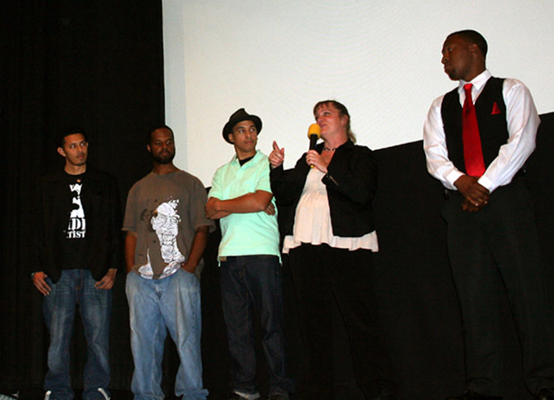 Director's Q&A on stage with Artists Germane Lemus, Tr3 Harris and Chris Tobar Rodriguez, and Directors Elizabeth Anne and Bryan Boykins at the November Enzian Film Slam 2010