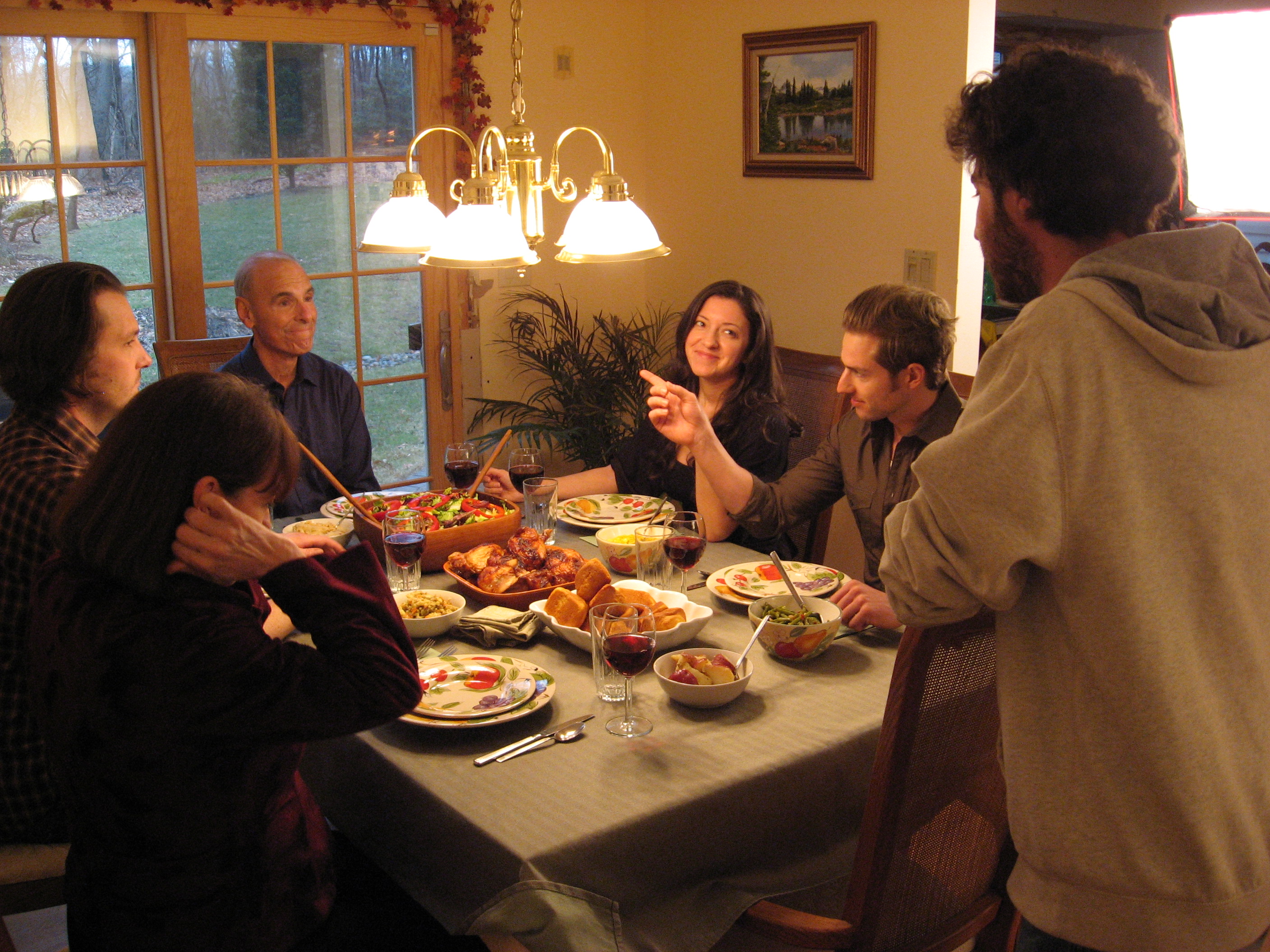 Death's Door Web Series Production Still. Writer/Director Ben Schaeffer talks with cast members Jeff Berg, Jessica Vera, Tom Patella, Geoffrey Pomeroy and Elizabeth Bove.