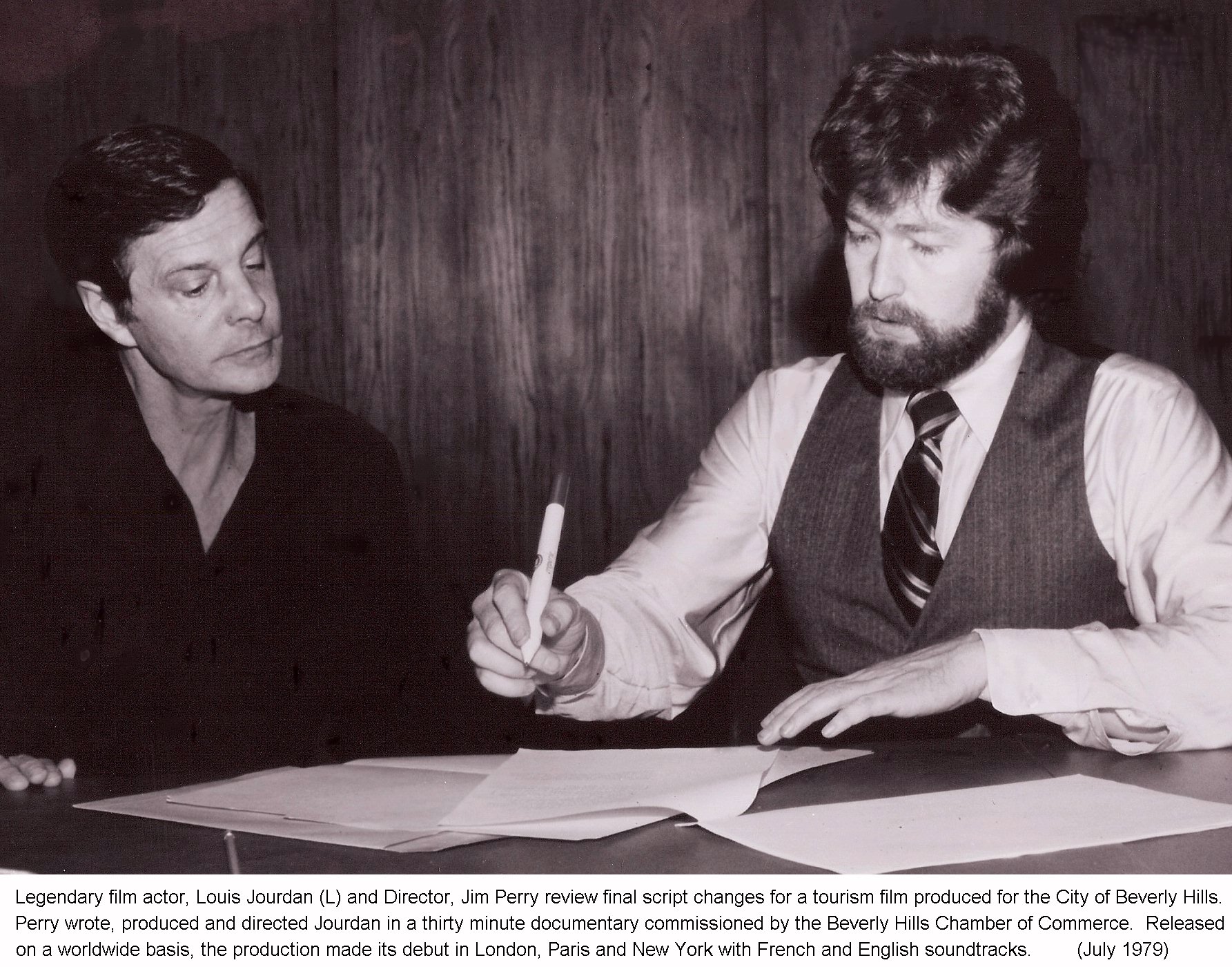 Actor Louis Jourdan and Director James L. Perry rehearse the French and English language versions of a script.