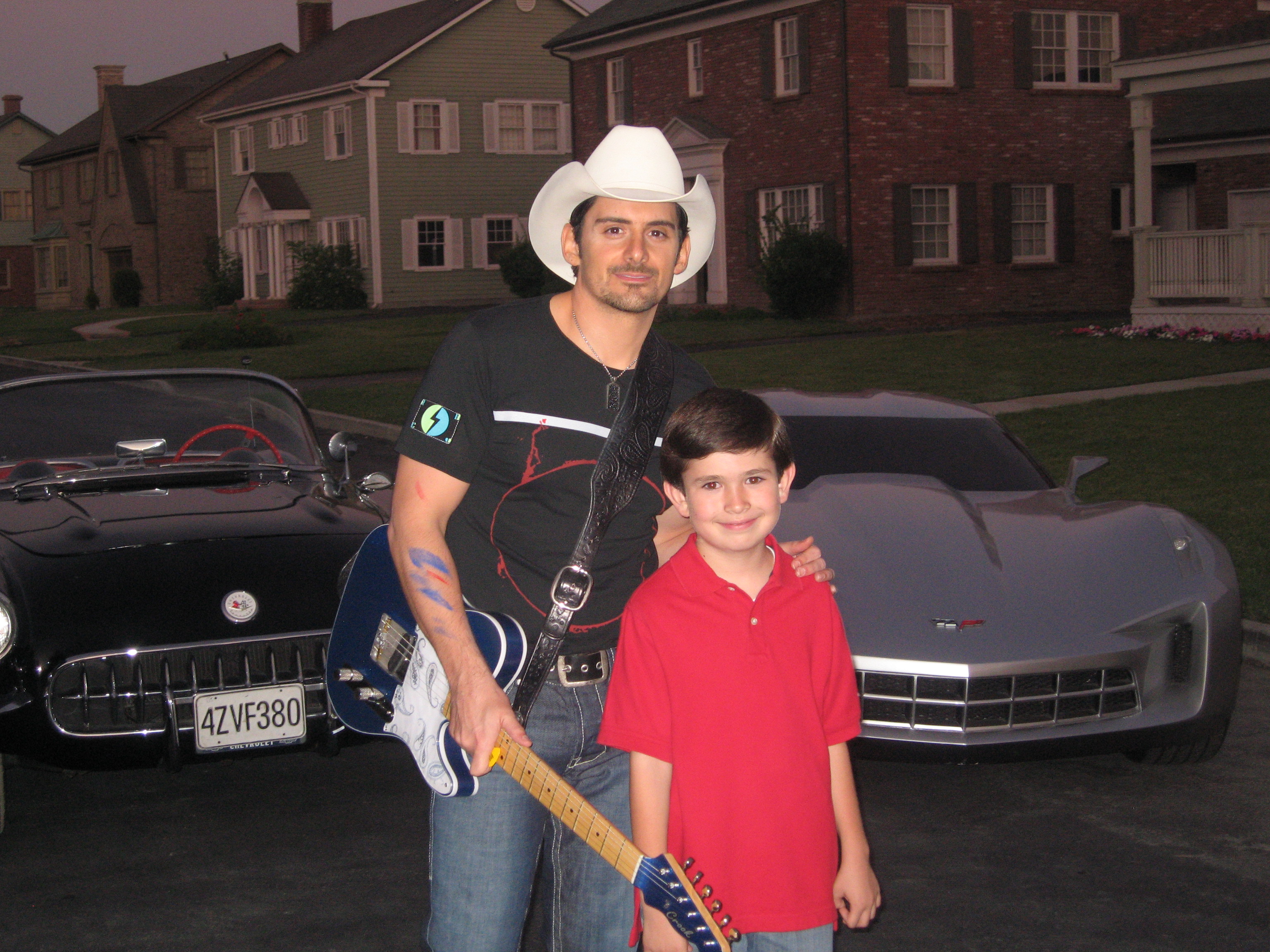 Brenden Miranda and Brad Paisley after a long day on the set. Brenden played 10 year old Brad Paisley in the Music Video 