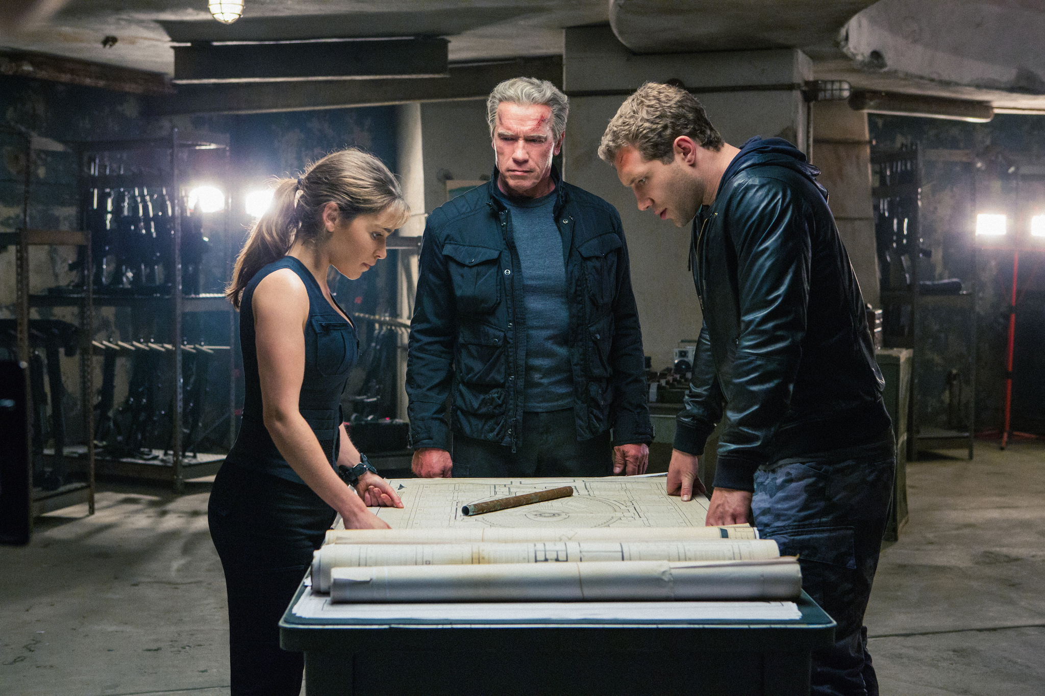 Still of Arnold Schwarzenegger, Jai Courtney and Emilia Clarke in Terminator Genisys (2015)