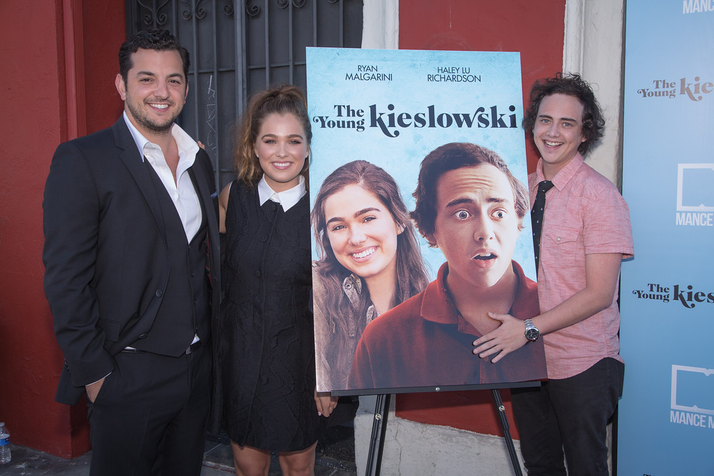 Matthew Mancinelli, Haley Lu Richardson and Ryan Malgarini attend The Young Kieslowski red carpet premiere at the Vista Theatre in Los Angeles