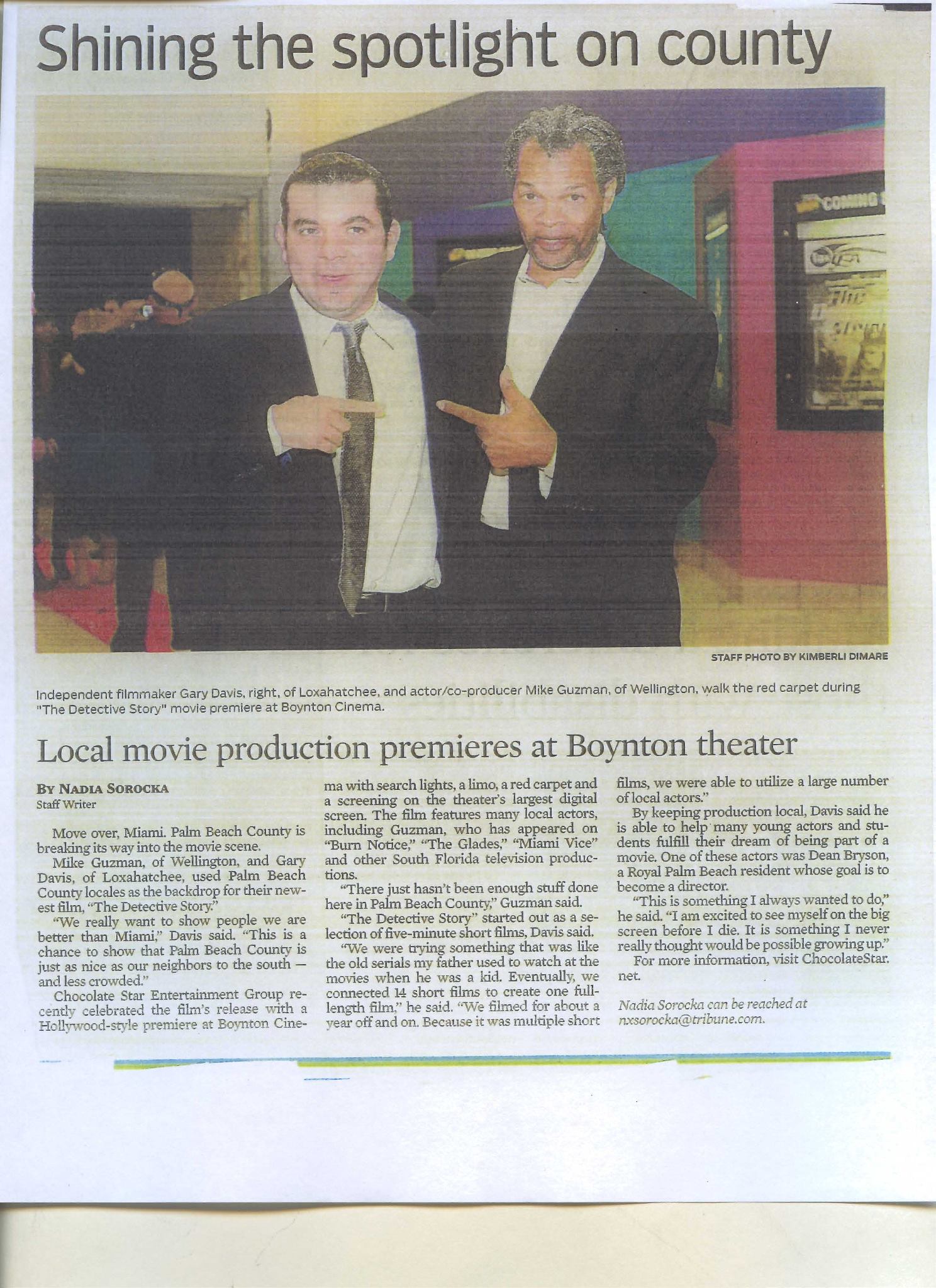 Mike Guzman and Indie Film Director/Producer Gary Davis in Sun Sentinel Newspaper