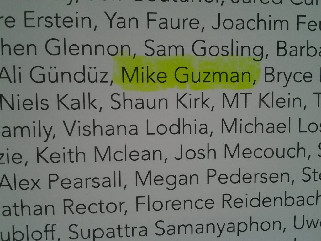Mike Guzman's name in the Thanks in the beginning of the Hardcover Book Caffeinated Toothpaste Volume 2