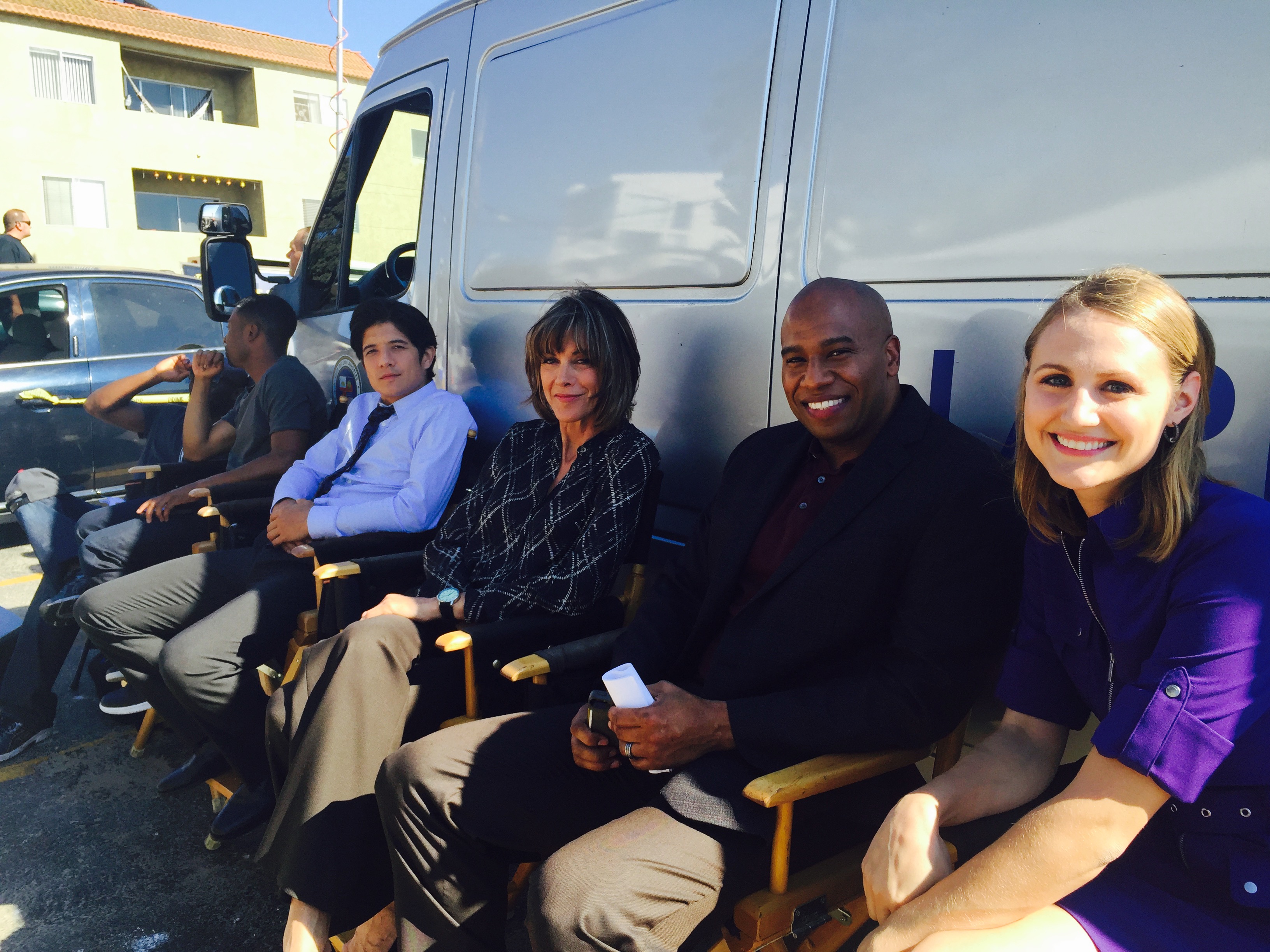 Maurice Hall, Justin Hires, John Foo, Wendie Malick and Caitlin Knisley on set of CBS's Rush Hour.