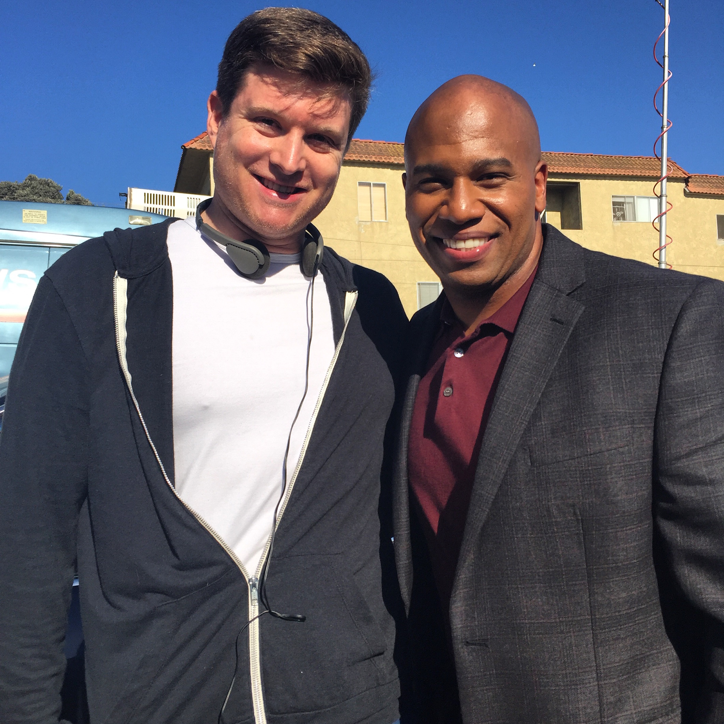 Maurice Hall and Showrunner Blake McCormick on set of CBS's Rush Hour.