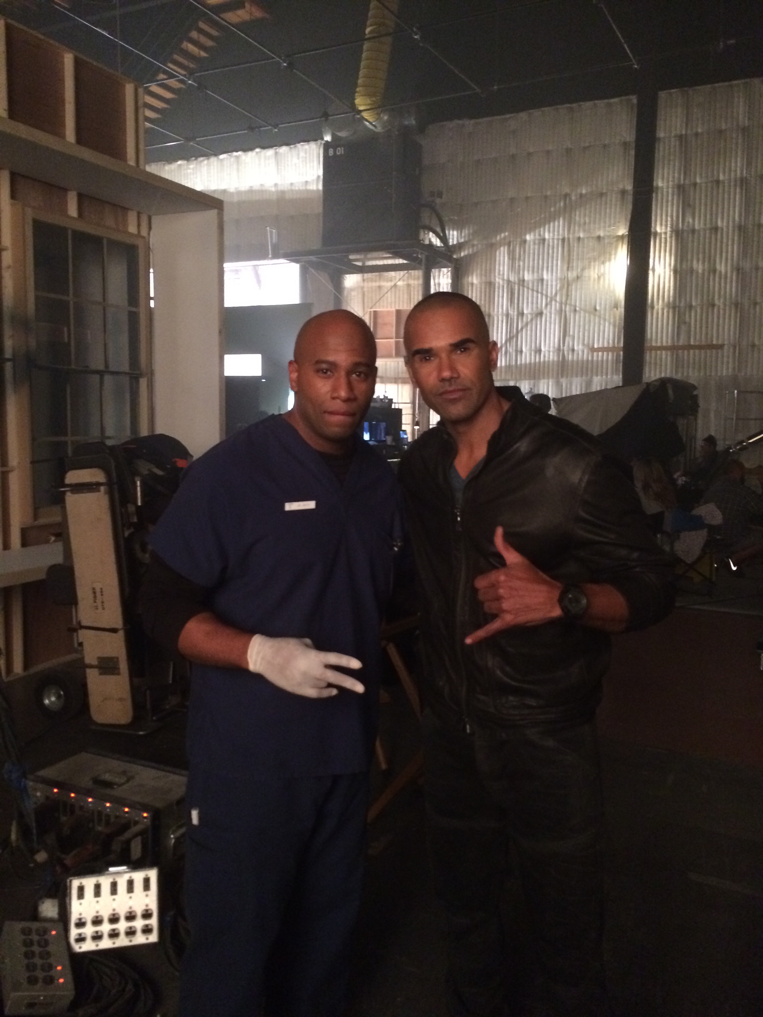 Maurice Hall and Shemar Moore on set of CBS's Criminal Minds.