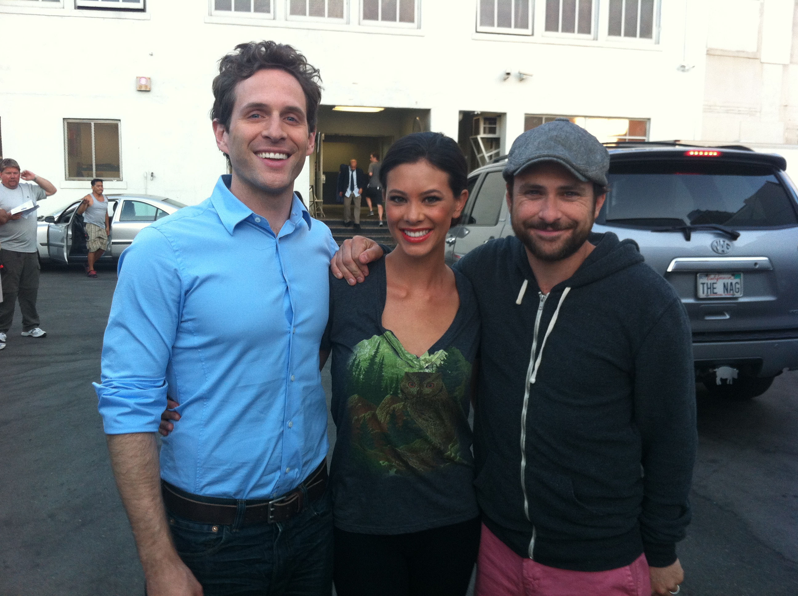 Nicole Sienna on set with Glenn Howerton and Charlie Day