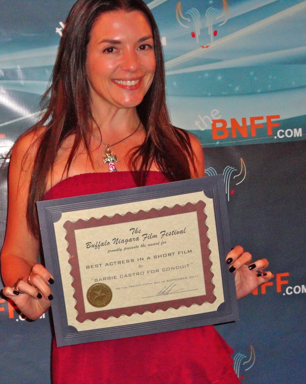 Barbie Castro accepting her Best Actress award for CONDUIT at the Buffalo Niagara Film Festival Sept 2011