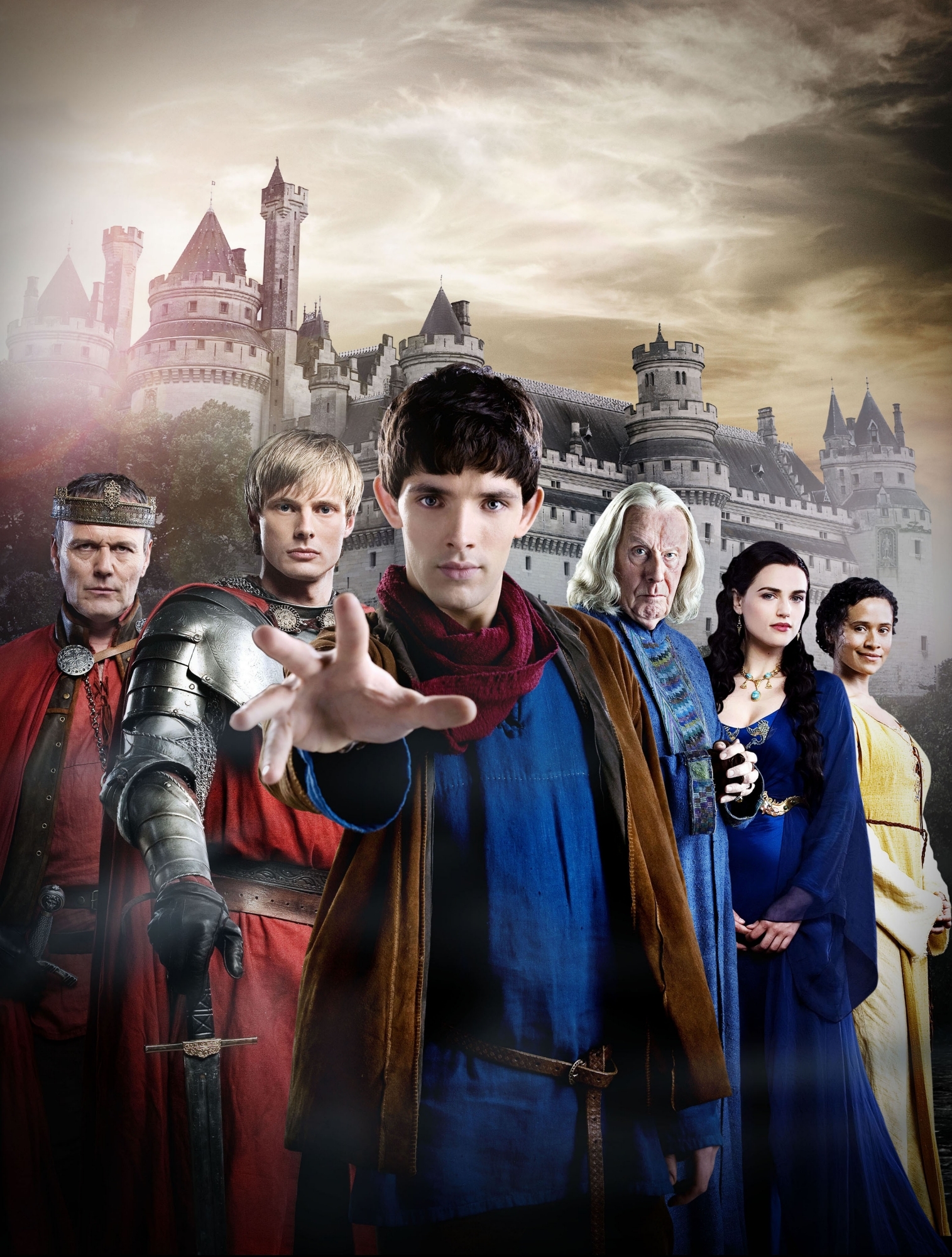 Still of Anthony Head, Richard Wilson, Angel Coulby, Katie McGrath, Colin Morgan and Bradley James in Merlin (2008)