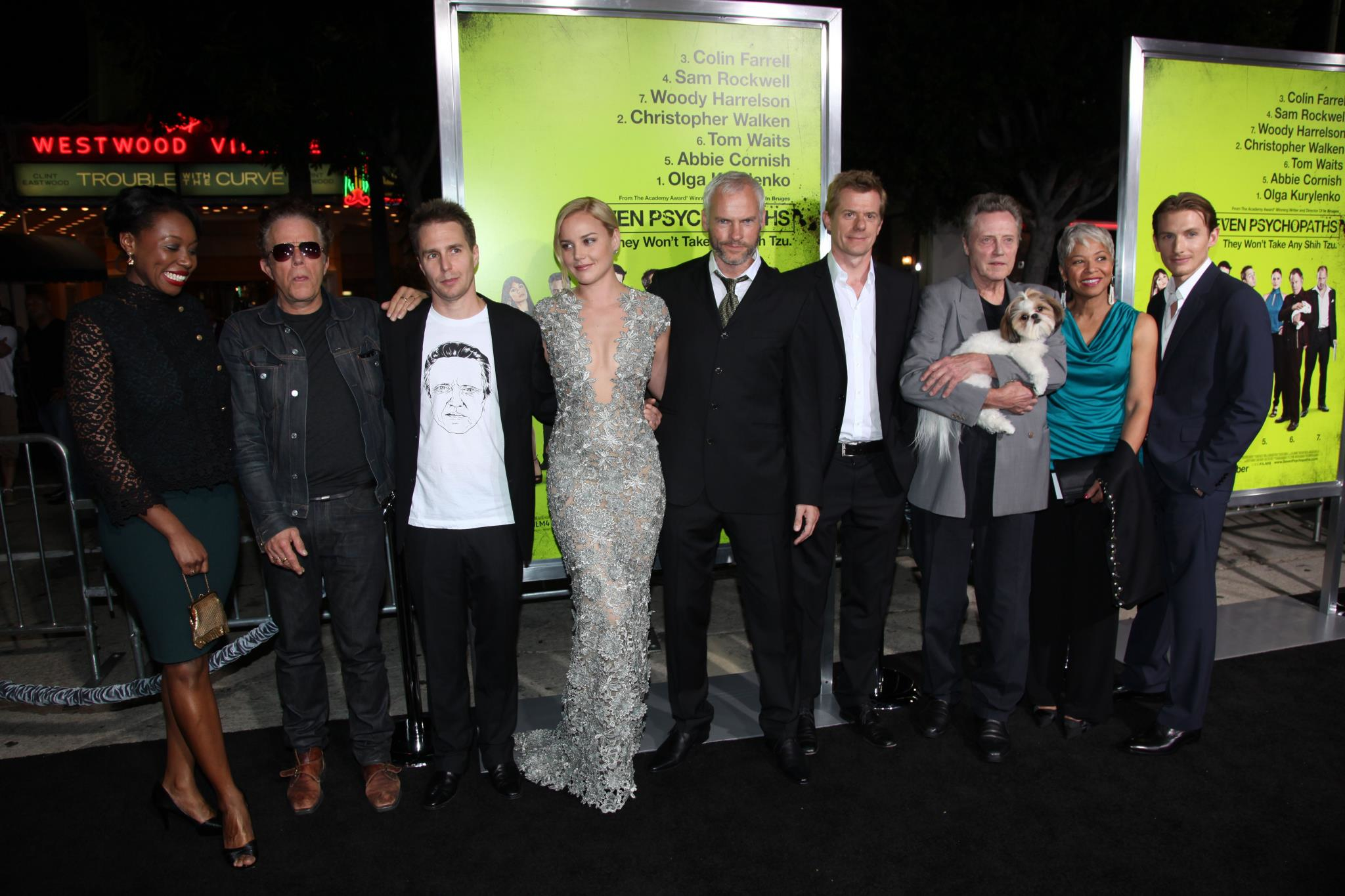 James Landry Hebert poses for a photo with Christopher Walken, Sam Rockwell, Tom Waits & the rest of the cast of Seven Psychopaths at the LA premiere