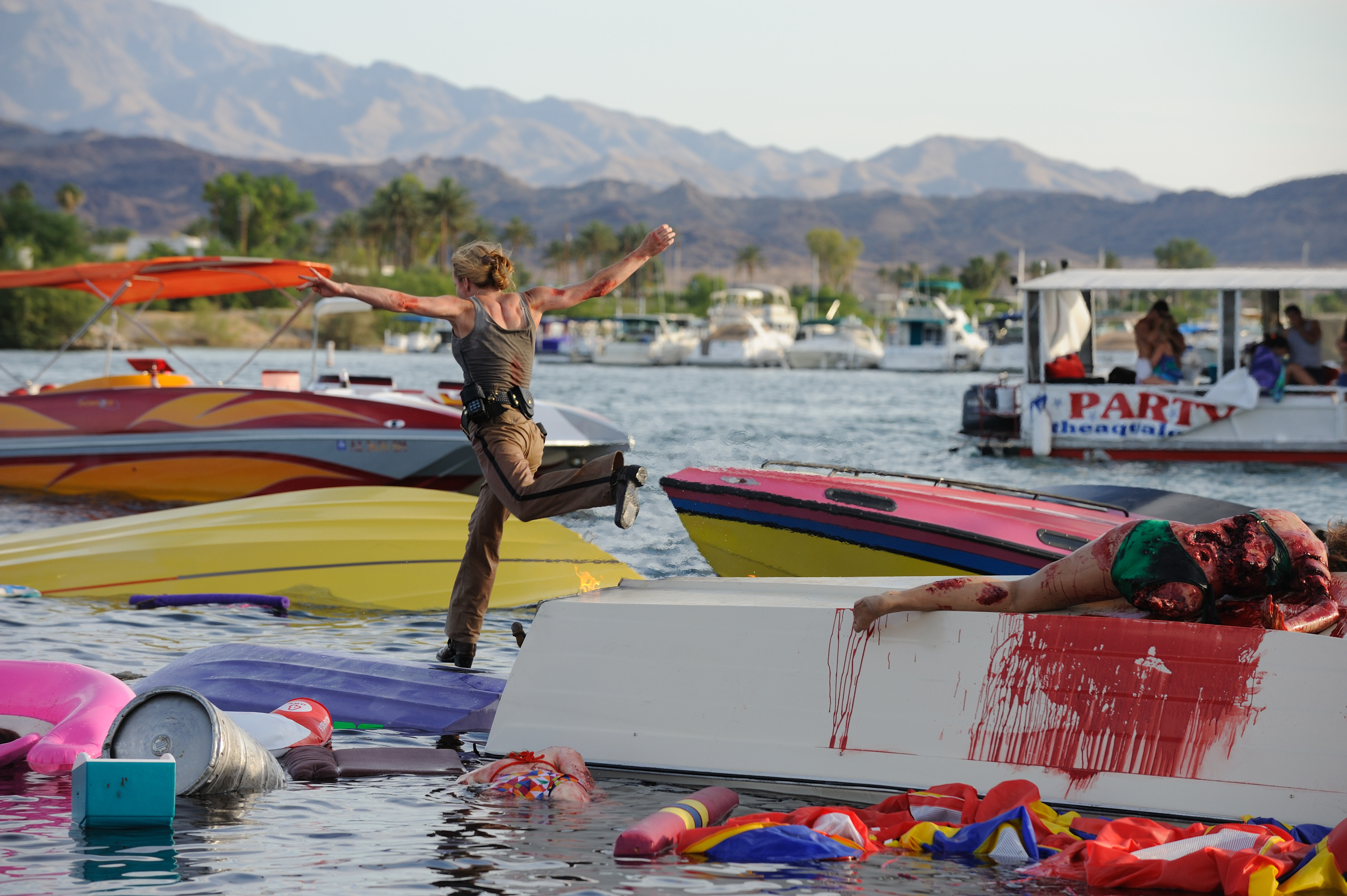 Stunt Doubling Elisabeth Shue on the set of Piranha in Lake Havasu
