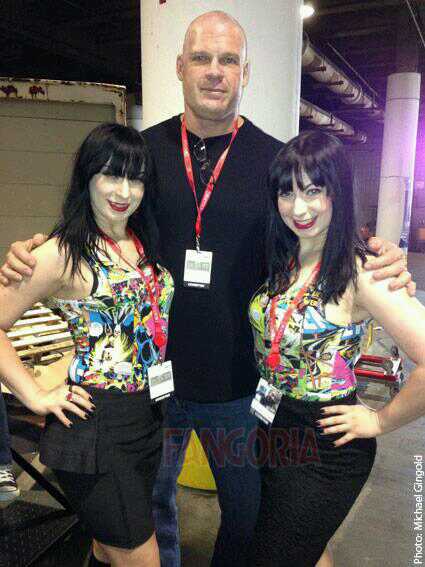 Sylvia (right) with her twin sister, Jen (right), and Glenn 'Kane' Jacobs promoting See No Evil 2 at New York Comic Con.