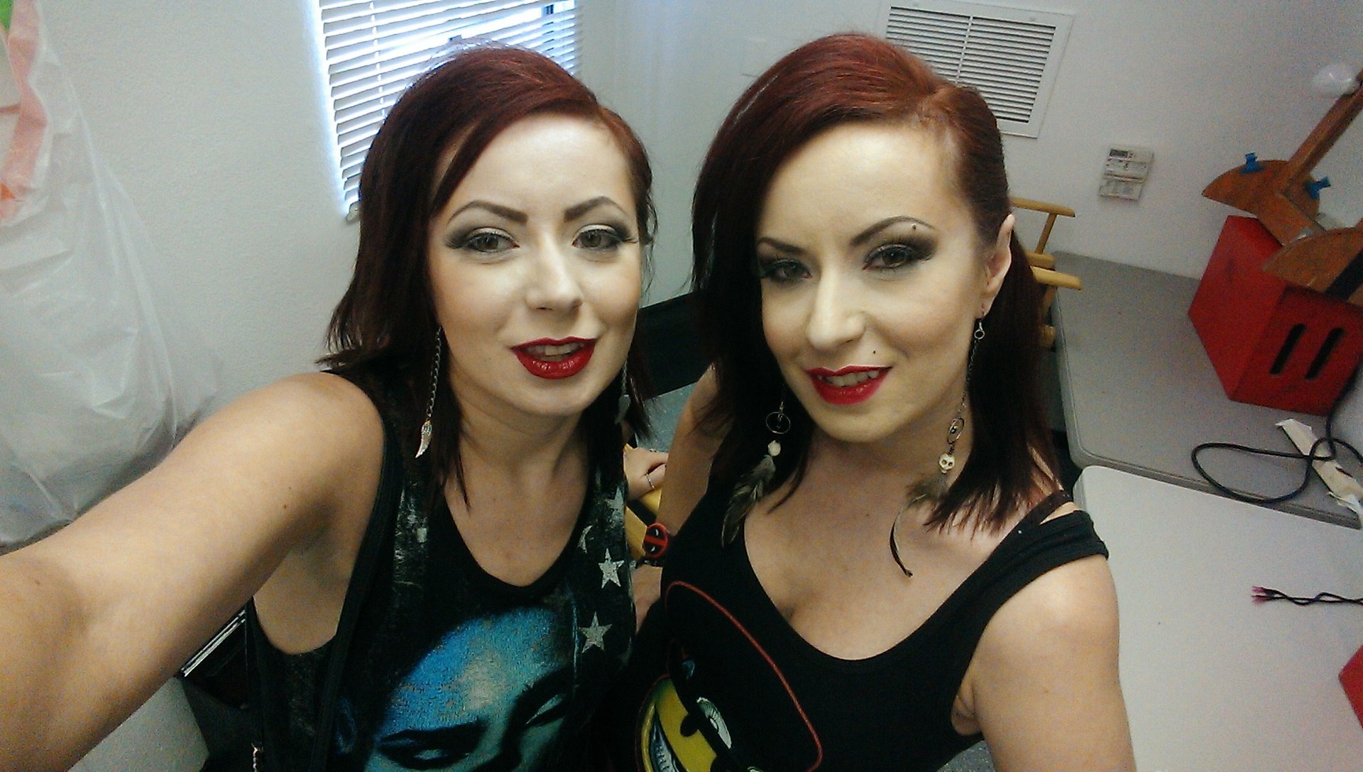 Jen and Sylvia Soska BTS on the set of their new Blumhouse game show, Hellevator, on GSN.