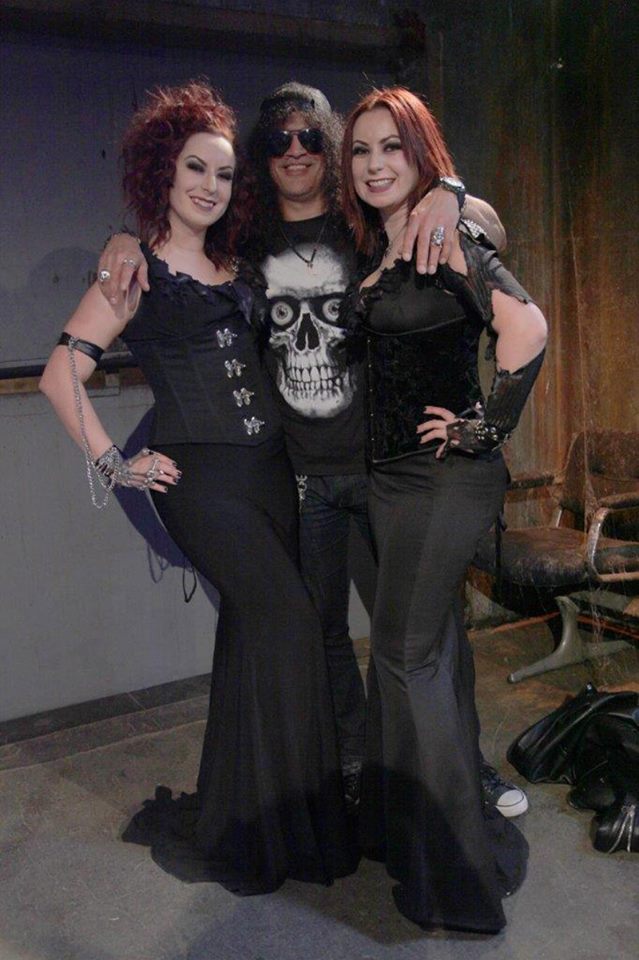 Jen and Sylvia Soska with Slash on the set of Hellevator.