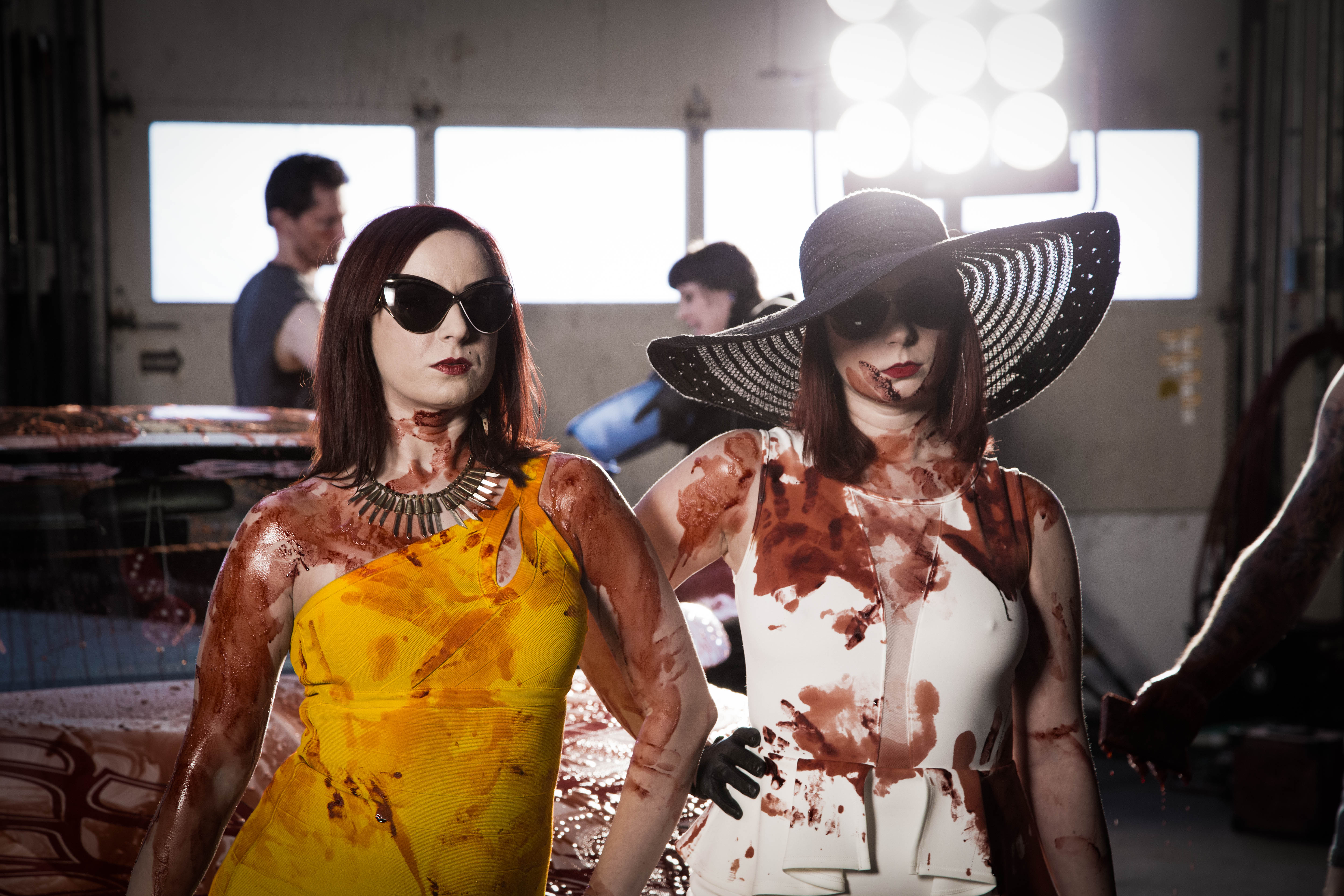 Jen and Sylvia Soska. On the set of their Women In Horror Massive Blood Drive shoot, GIVE IT UP. 2015