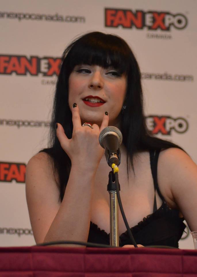 Jen Soska speaking on a panel at the Rue Morgue Festival of Fear Convention in Toronto.