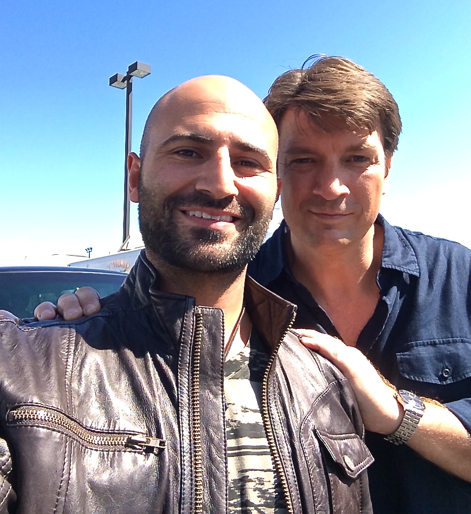 Mo Darwiche and Nathan Fillion on the set of Castle.