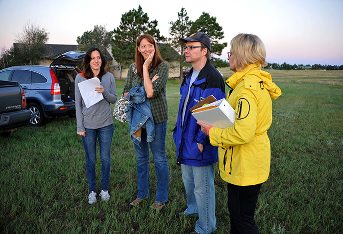 Set inspection for If Not Now, with actors Kate Cook and Rachel Hroncich and Director Lori Allred.