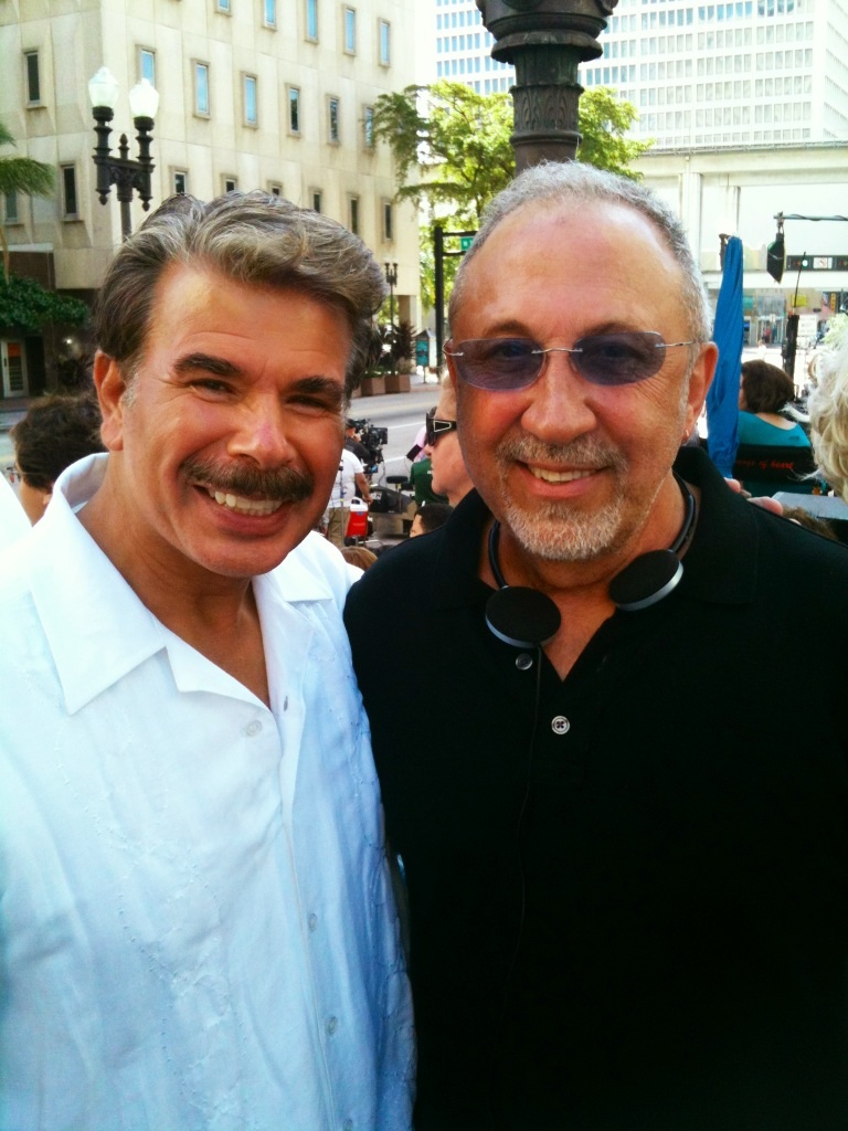 Alan Fritz with Producer Emilio Estefan before filming the final scene for A Change of Heart (2014). Alan was filmed as part of Carlos' family standing next to Gloria Estefan and Kathy Najimy.